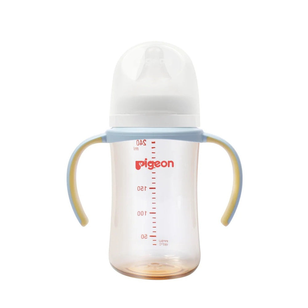 Pigeon Bottle Handle with blue grips on a clear baby bottle, featuring measurement marks and a protective nipple cap.