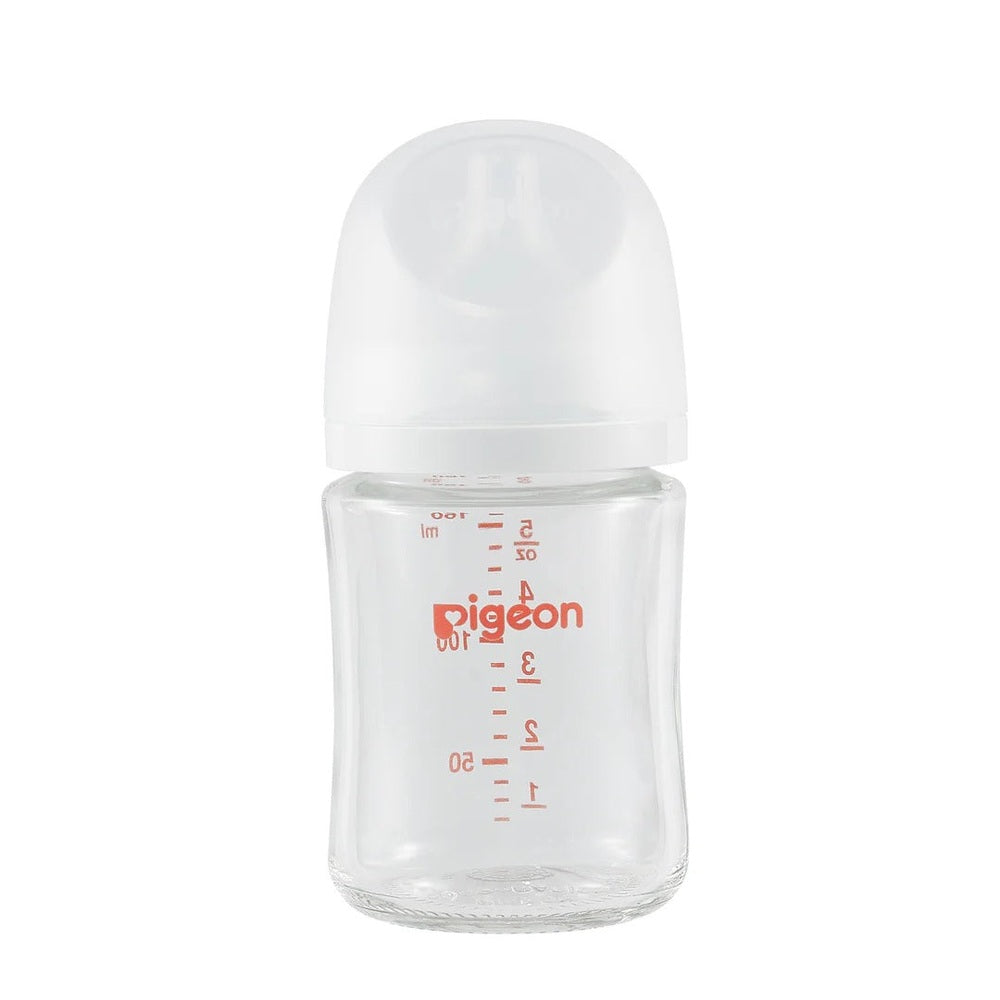 Pigeon Glass Bottle 5oz with SS Nipple for 0M+, clear bottle with red measurement marks demonstrating capacity.