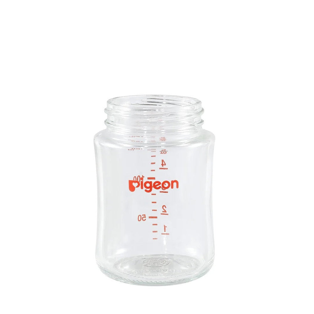 Pigeon Glass Bottle 5oz with SS nipple, clear glass with red measurement marks ready for feeding.