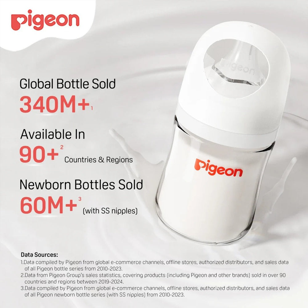Pigeon Glass Bottle 8oz with M Nipples (3M+), white cap, clear body, shown standing with subtle water ripples.