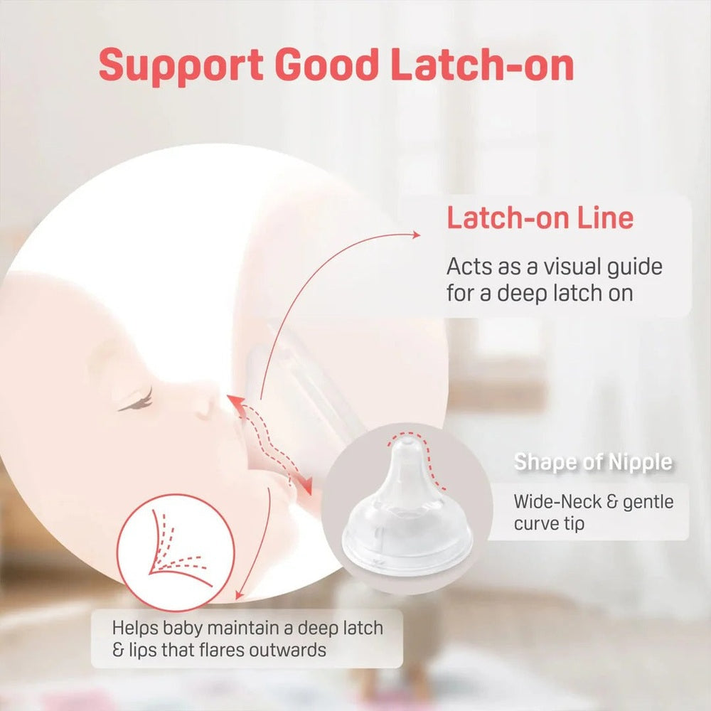 Pigeon Glass Bottle 8oz with M Nipple, clear glass, wide-neck and latch-on guidance for deep latch