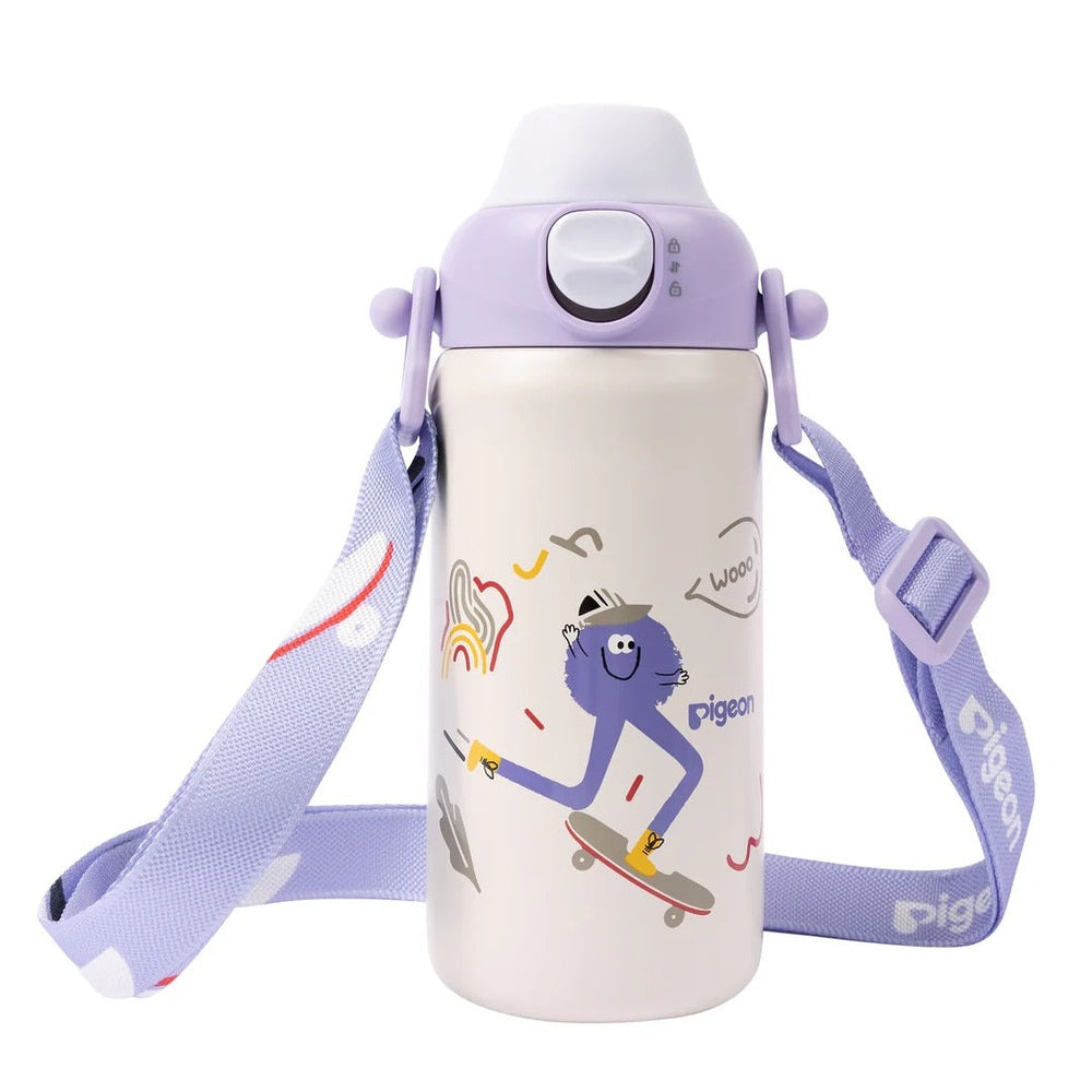 Pigeon Kids Stainless Steel Thermos Drinking Cup with lavender lid and purple strap, featuring a skateboarding illustration.