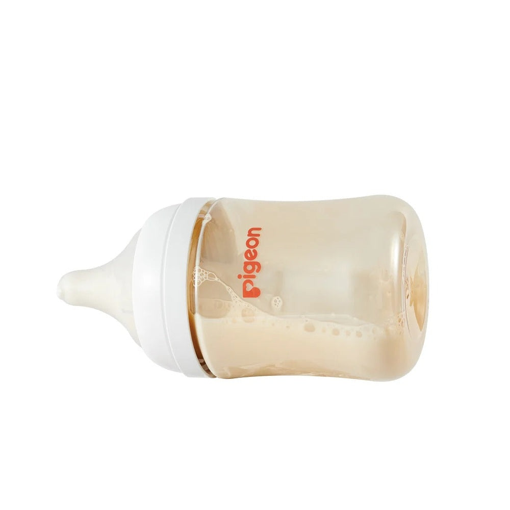 Pigeon PPSU Bottle 5oz with SS Nipple; clear bottle held sideways, filled with milk, brand visible.