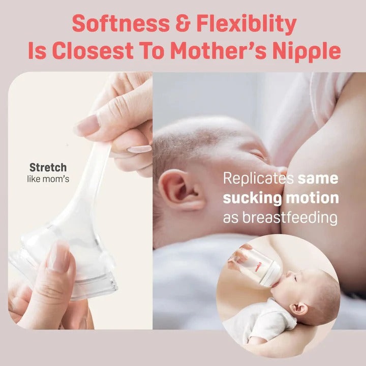 Pigeon PPSU Bottle 5oz with SS Nipple (0M+), mom holding and guiding the bottle for breastfeeding-like feeding.