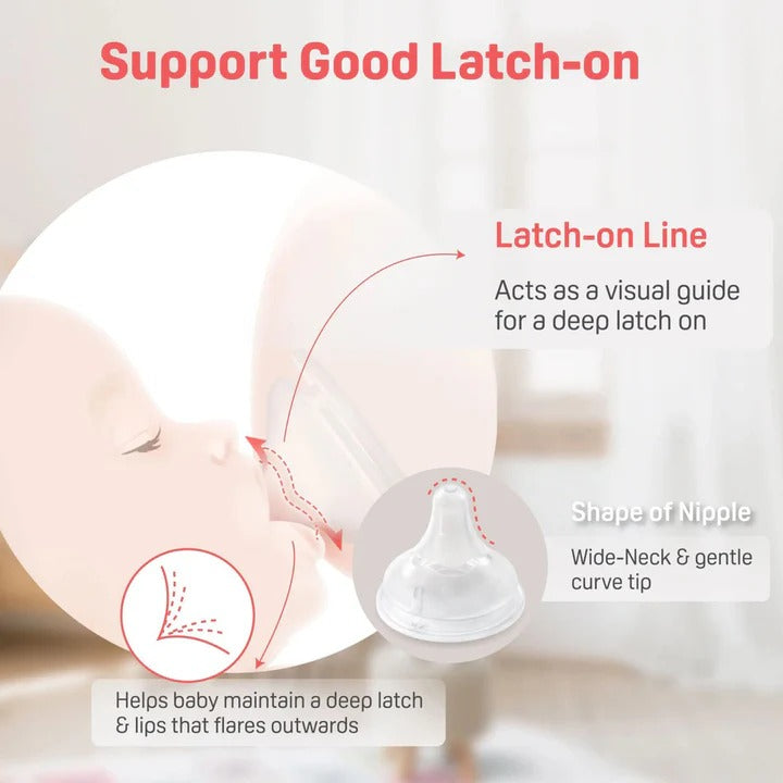 Pigeon PPSU Bottle 5oz with SS Nipple (0M+), baby latching on with latch-on guide.