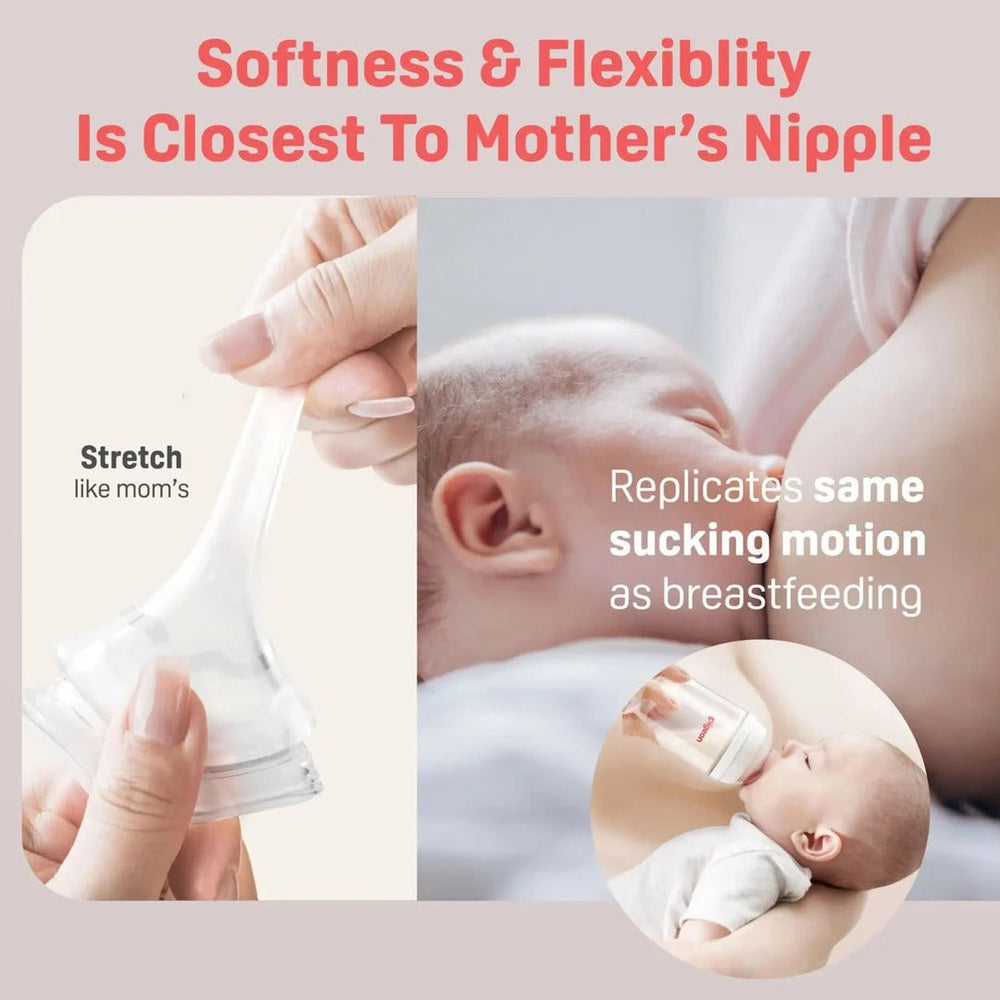 Pigeon PPSU Bottle 8oz with M nipple for 3M+, shown feeding baby to mimic breastfeeding motion.