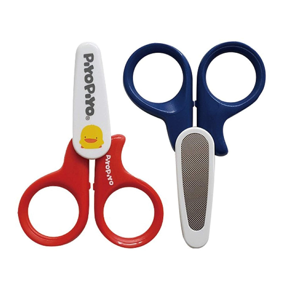 Piyo Piyo baby safety scissors with nail file set; navy and red infant grooming kit (2 items)
