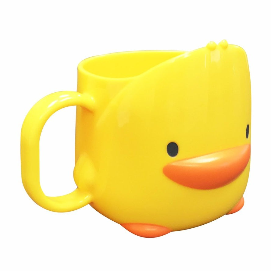 Piyo Piyo Cup yellow duck-shaped sippy cup with orange beak and feet, featuring two side handles for easy grip.