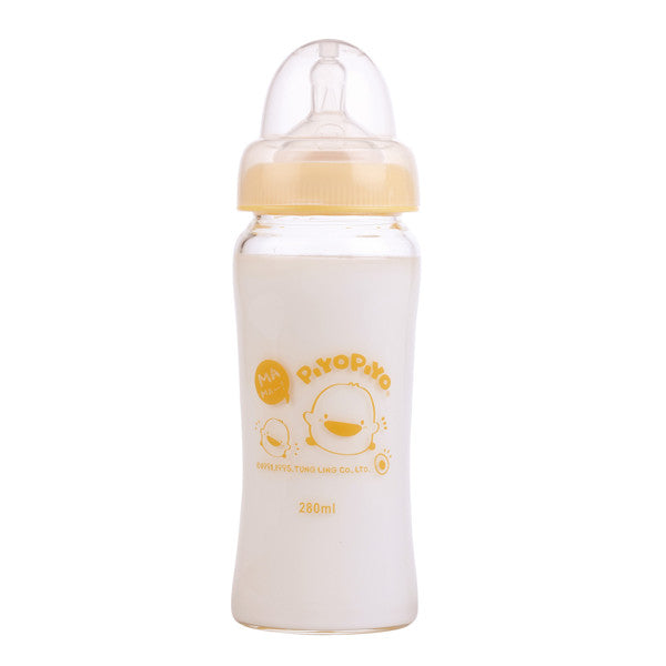 Piyo Piyo duckling wide-neck glass baby bottle, 280 ml, clear glass with yellow cap