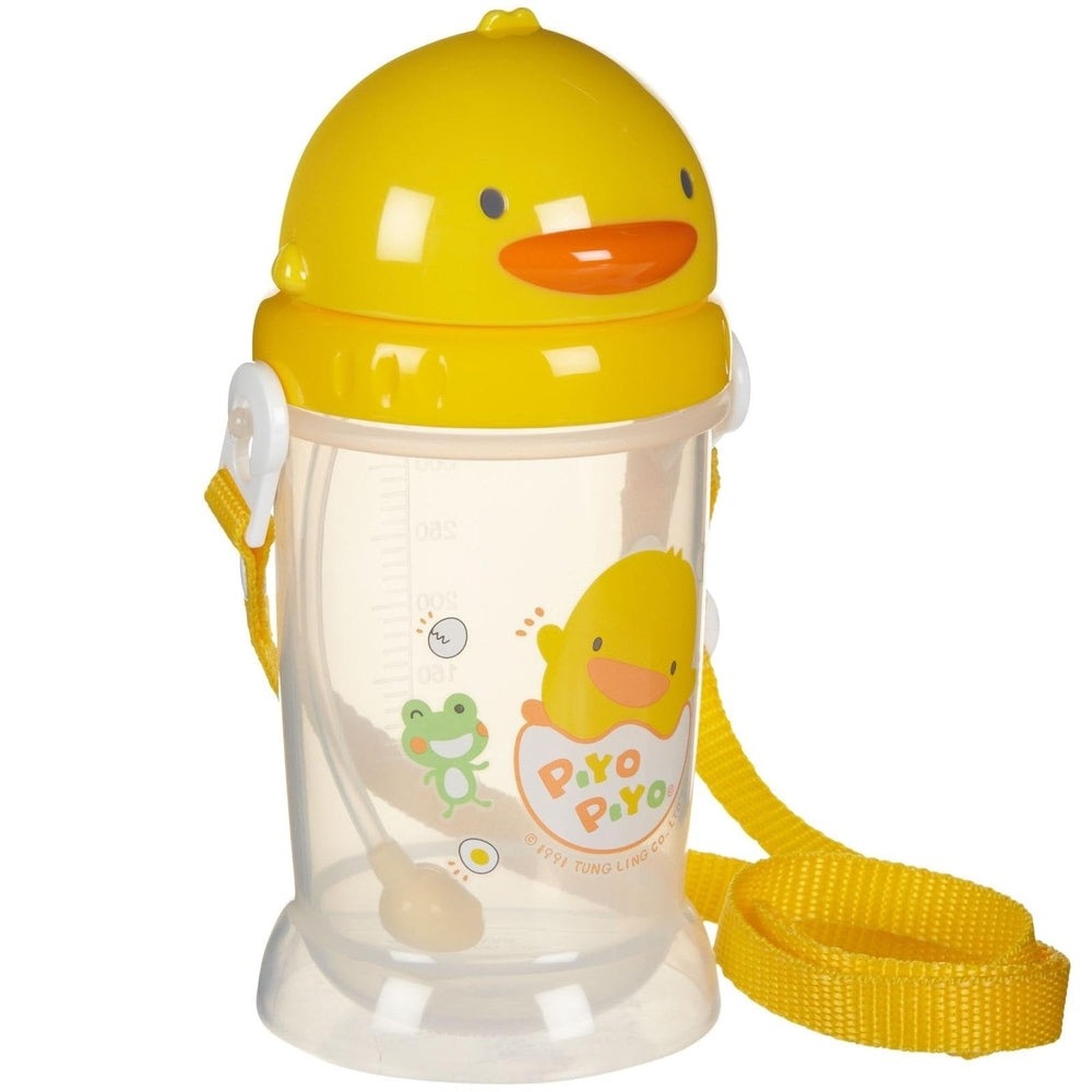 PIYO PIYO Easy Reach Water Bottle 12 oz with yellow duck lid; clear body and yellow strap worn over shoulder.