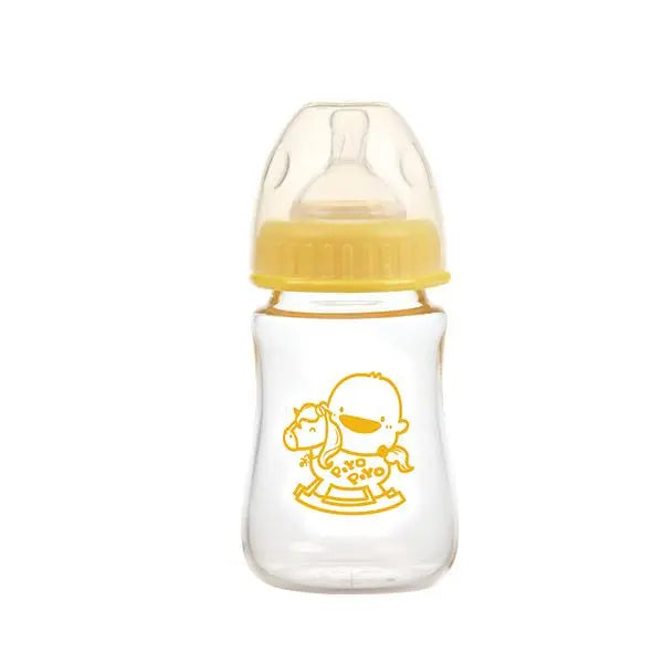 Piyo Piyo Glass Bottle standing upright with yellow cap and mascot print for PIYO PIYO baby feeding.
