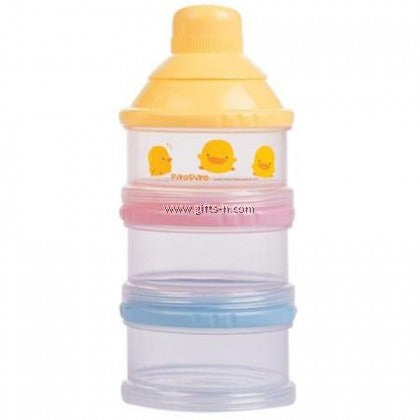 Piyo Piyo non-spill milk powder dispenser, three-tier with yellow cap and pink/blue rings