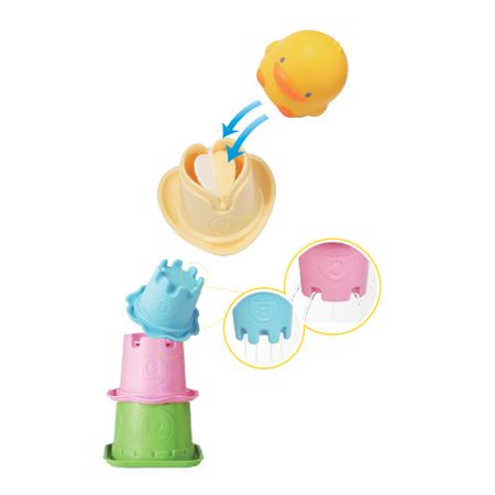 Piyo Piyo Stacking Cups in blue, pink, green with a yellow duck lid, shown stacked for easy toddler feeding.
