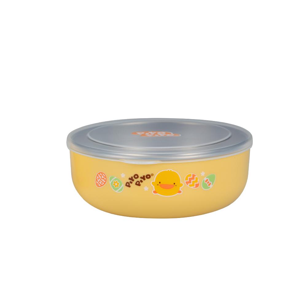 Piyo Piyo 350 ml feeding bowl with gray lid and chick illustrations