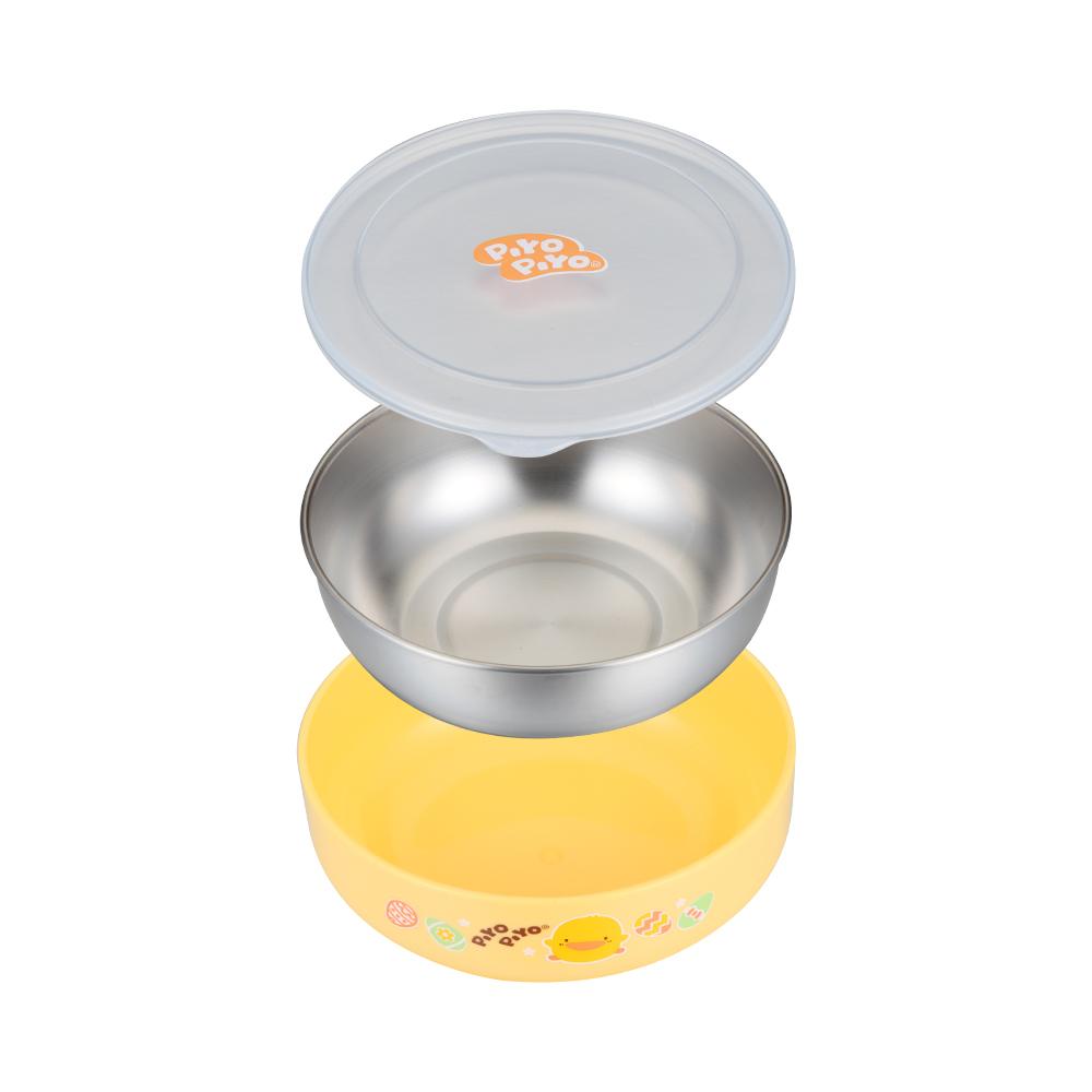 Piyo Piyo stainless steel baby feeding bowl with yellow lid, 350 ml