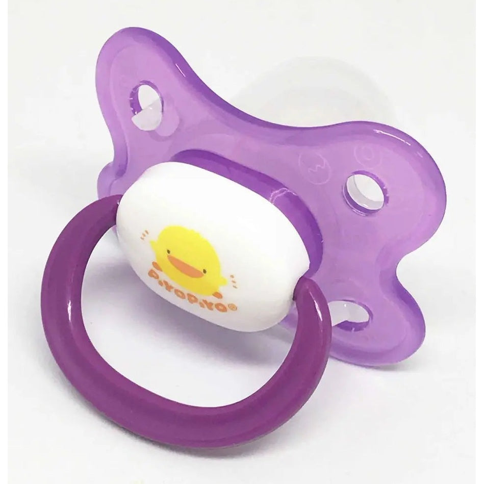 Piyo Piyo Thumb Shaped Pacifier in purple with a white duck-logo button and circular ring handle.