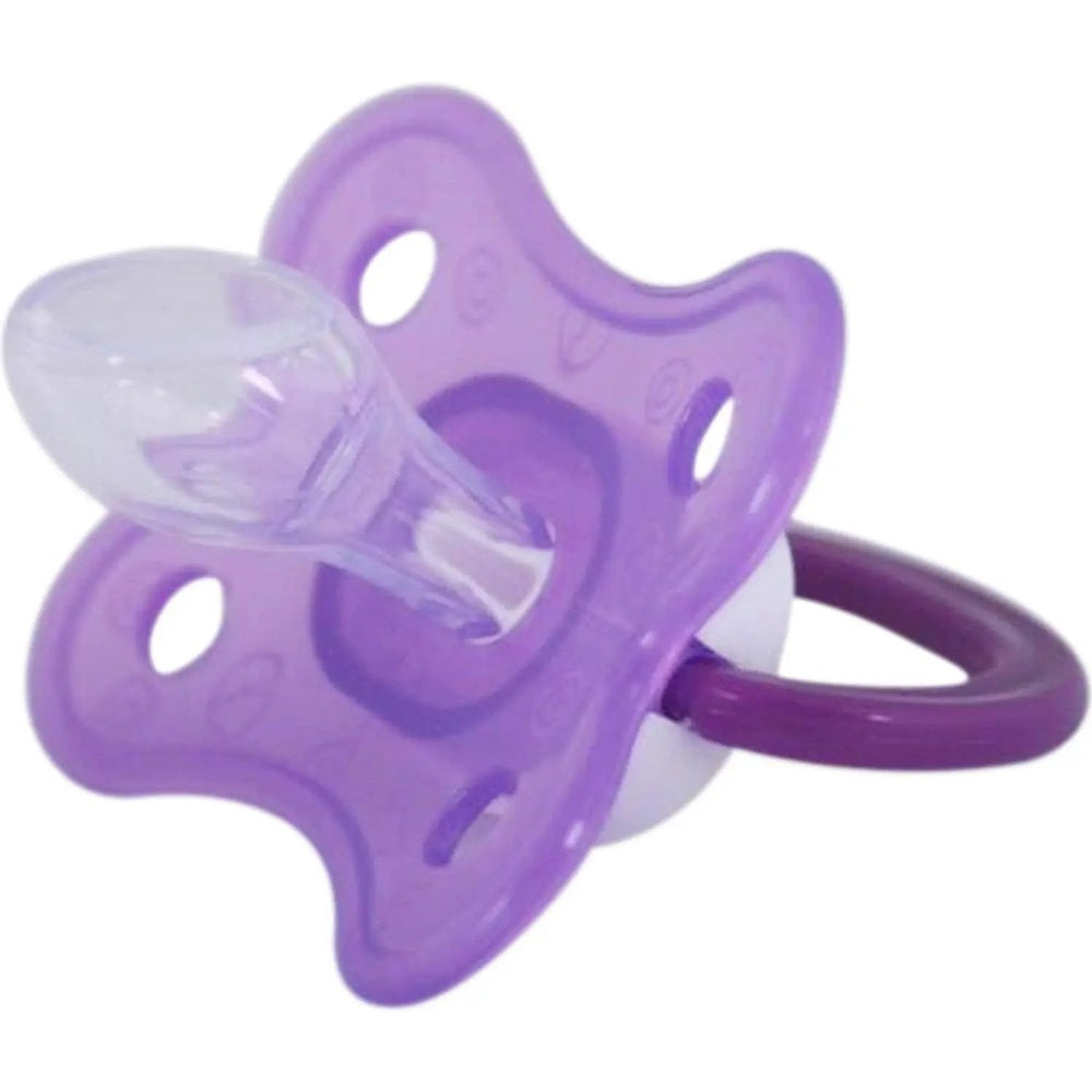 PIYO PIYO Thumb Shaped Pacifier in purple, clear silicone nipple pressed into the shield.