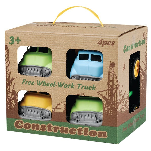 Playwell Construction Trucks 4pc set; green, blue, yellow and lime plastic toy trucks in a cardboard box