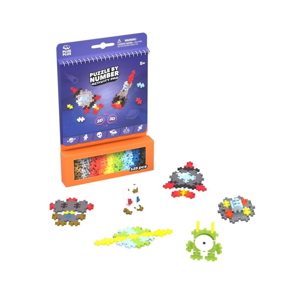 Plus-Plus Space Activity Pad 125pcs building toy set with orange storage tray and colorful micro bricks