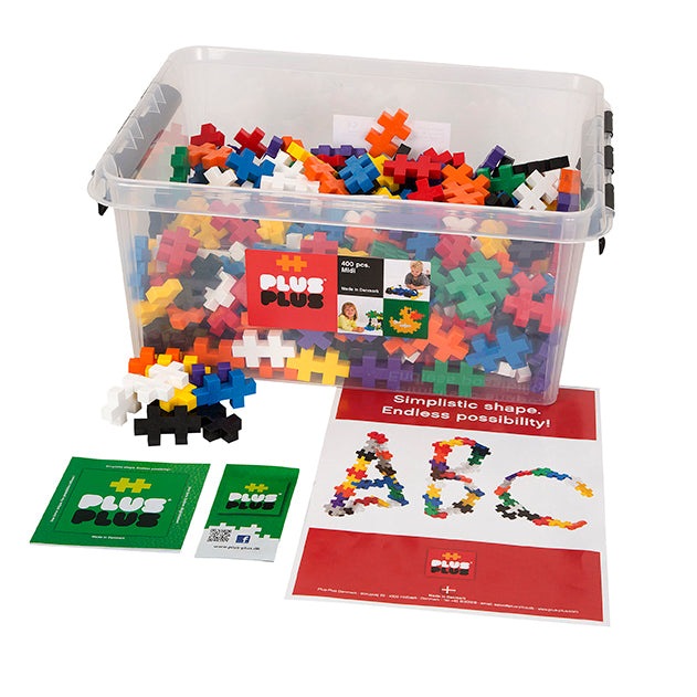 Plus-Plus Big 400 Educational building toy set in a clear tub; shows multicolor cross pieces and ABC letters assembled.