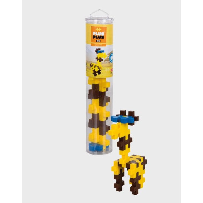 Plus-Plus Big Giraffe 15pcs building toy set in yellow, brown and blue with clear tube packaging
