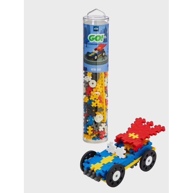 Plus-Plus Color Cars Hero 200pcs tube with an assembled blue-yellow-red car