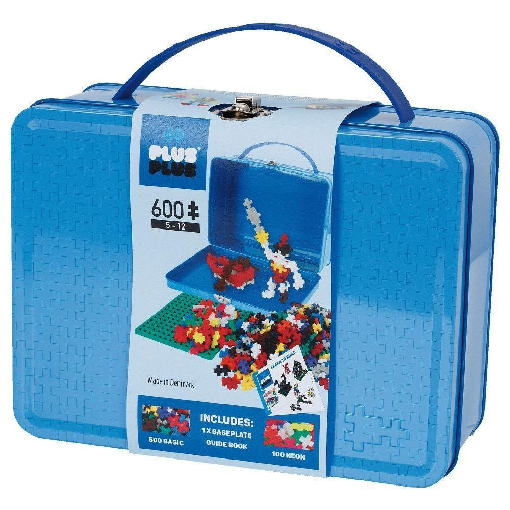 Plus-Plus Metal Suitcase Basic 600pcs blue carrying case with handle, includes baseplate and guide book