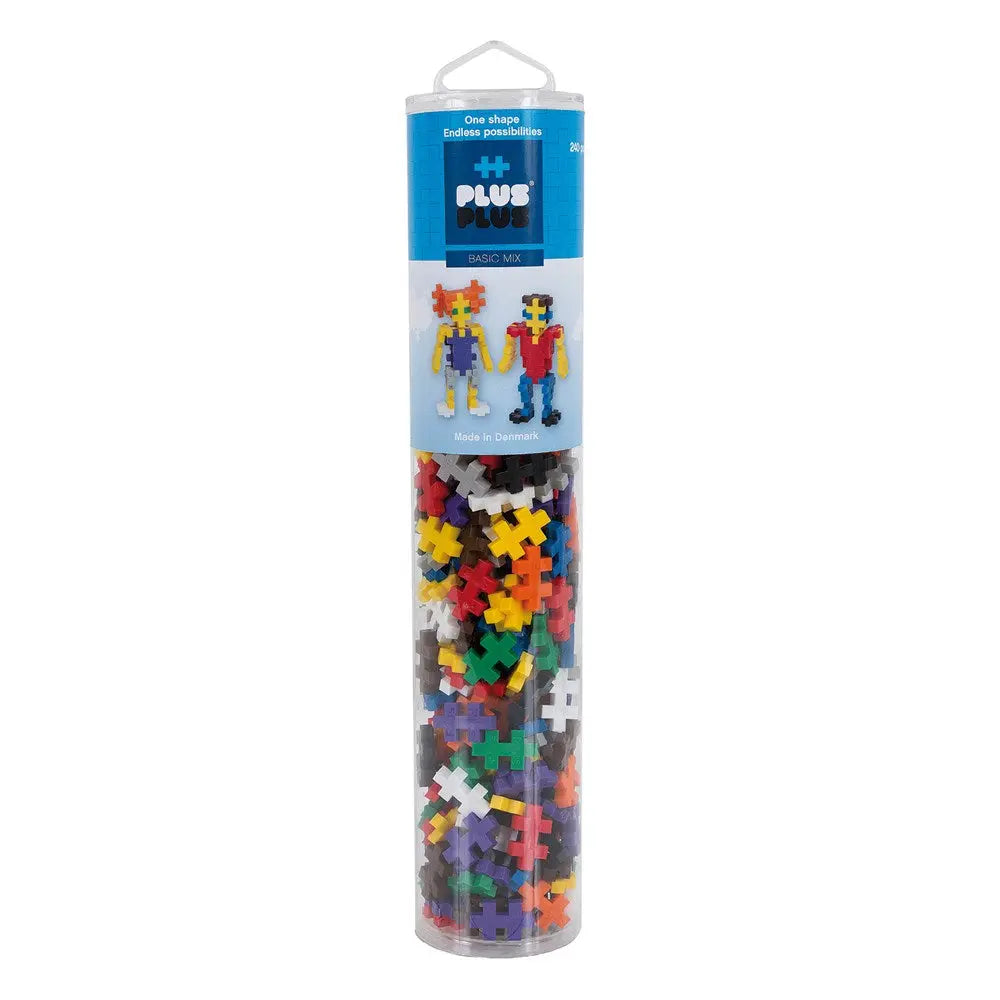 Plus Plus Mix 240 Pieces Tube: clear tube with a top carrying handle filled with colorful cross-shaped bricks for creative building.
