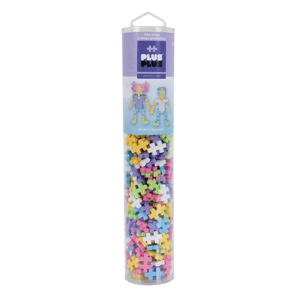PLUS-PLUS Mix 240 Pieces Tube in pastel colors, showing assorted cross-shaped bricks for creative building.