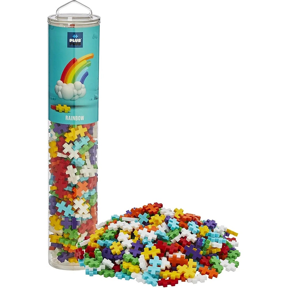 PLUS-PLUS Mix 240 Pieces Tube, a clear tube spilling multicolored cross-shaped bricks in a rainbow mix.