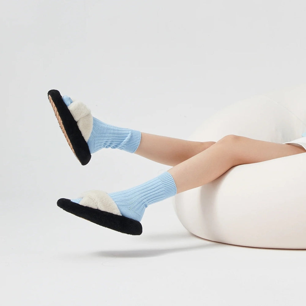 POSEE Cross Strap Plush Fashion Slippers Panada, blue knit socks with beige fluffy straps and black soles