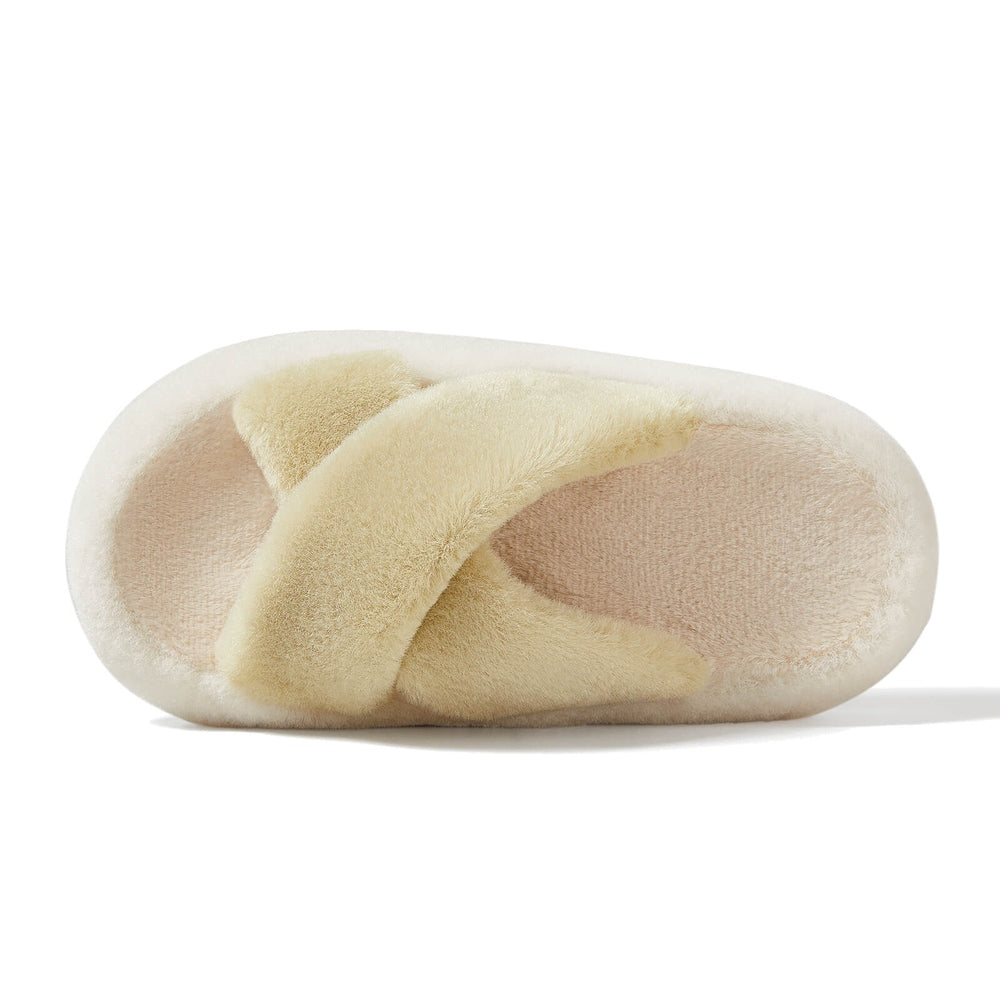 POSEE Cross Strap Plush Fashion Slippers Wasabi, cream color with fluffy interior, shown with crisscross straps.