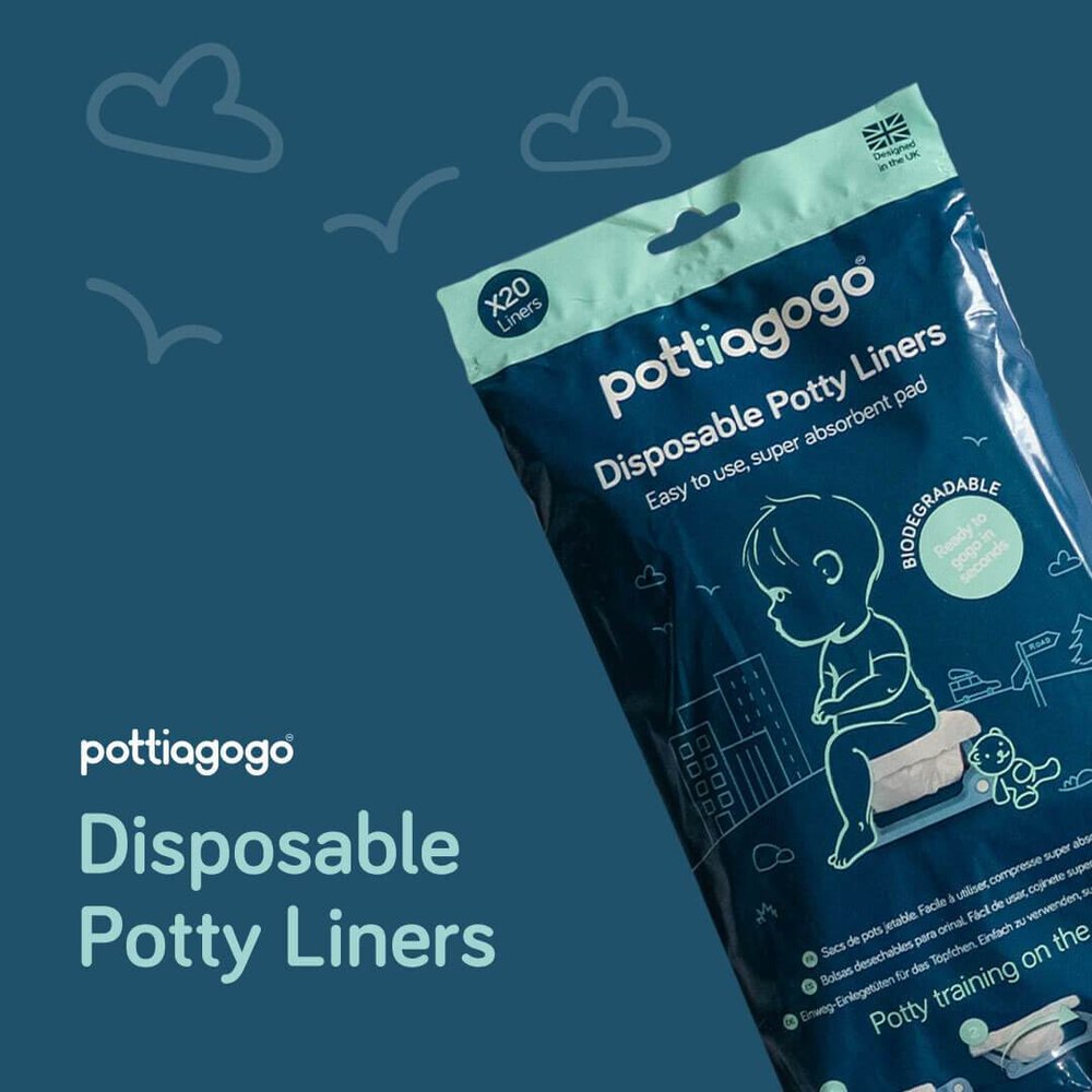 Pottiagogo disposable potty liners, eco-friendly 20-count pack in blue packaging