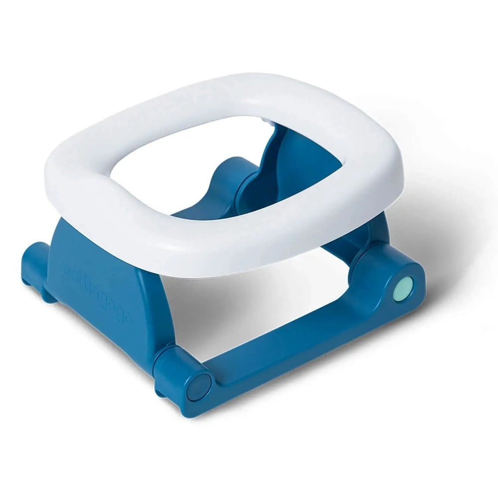 Pottiagogo Potty Training Travel Potty in blue base with white ring seat, compact foldable design ready for travel.