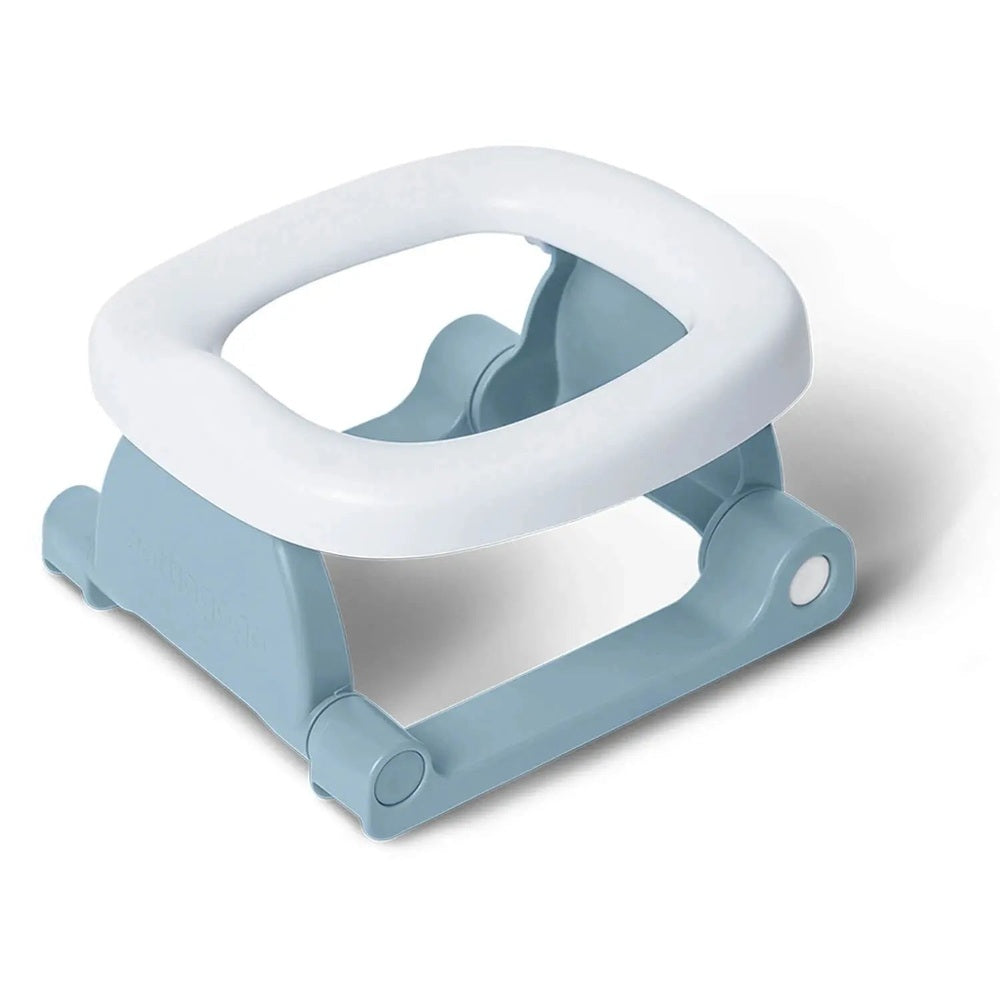Pottiagogo Potty Training Travel Potti, blue base and white ring, compact travel potty trainer designed for on-the-go use.