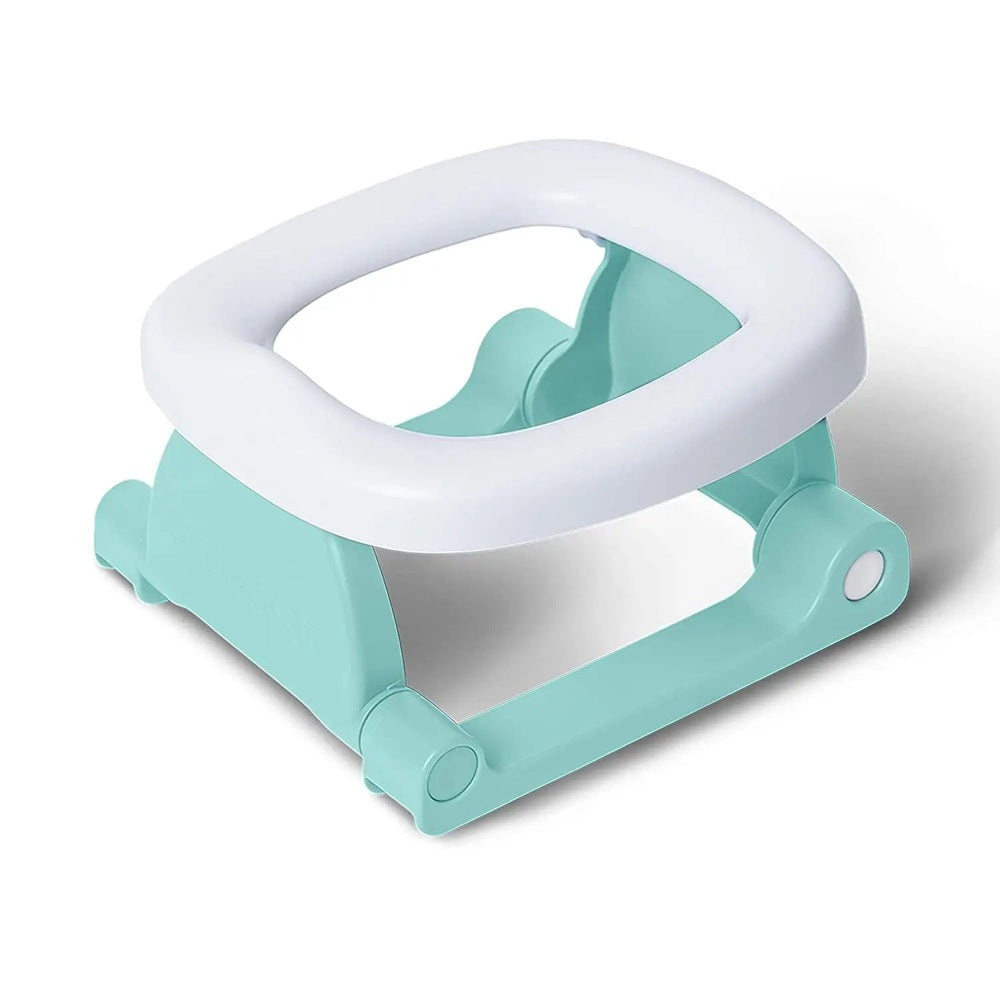 Pottiagogo Potty Training Travel Potti in turquoise with white rim, showing its compact foldable design for on-the-go use.
