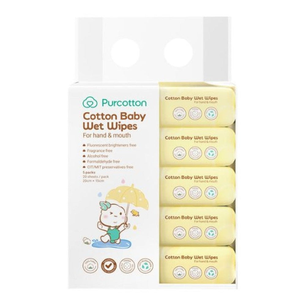Purcotton Cotton Baby Wet Wipes, 20 sheets, yellow packaging, four packs visible.