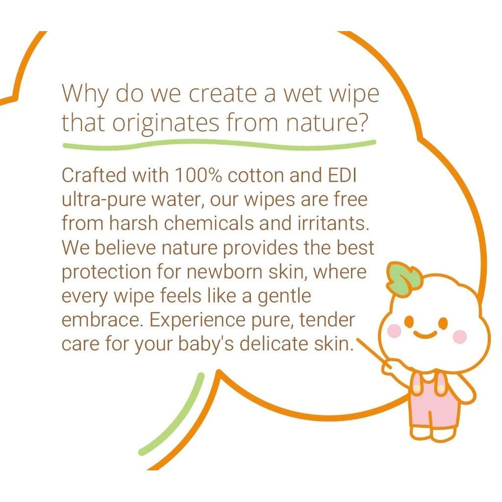 Purcotton Cotton Baby Wet Wipes 20 Sheets; cute baby character points to text about 100% cotton and purified water.