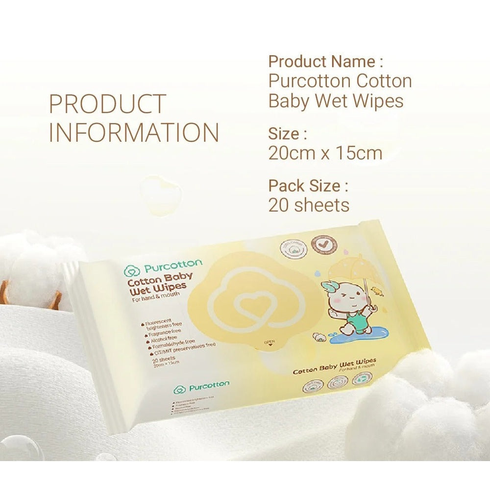 Purcotton Cotton Baby Wet Wipes 20 Sheets