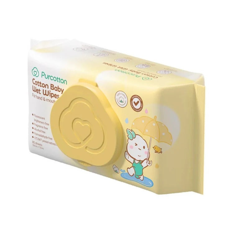 Purcotton Cotton Baby Wet Wipes 80 sheets with yellow flip-top lid and baby cartoon illustration.