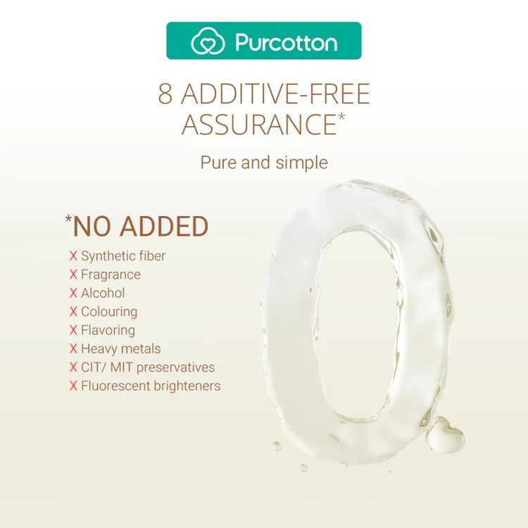 Purcotton Cotton Baby Wet Wipes 80 sheets; additive-free, fragrance-free, shown as a translucent wipe loop.