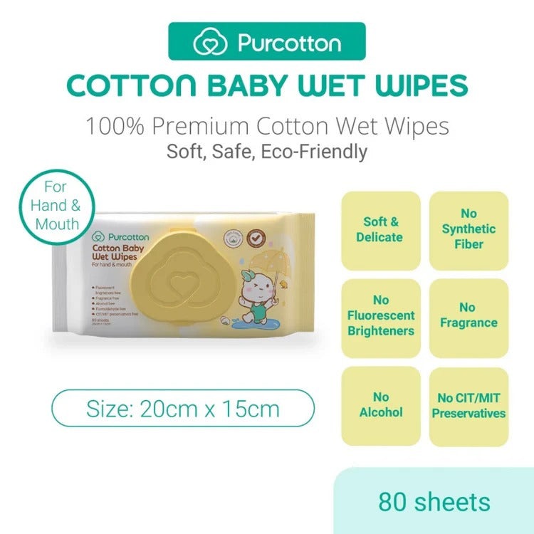 Purcotton Cotton Baby Wet Wipes 80 Sheets