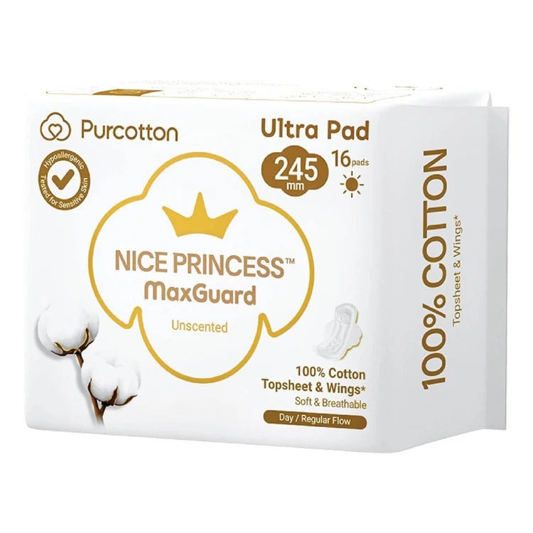 Purcotton Nice Princess MaxGuard Panty Liner 245mm, unscented, 16 pads with 100% cotton topsheet and wings.