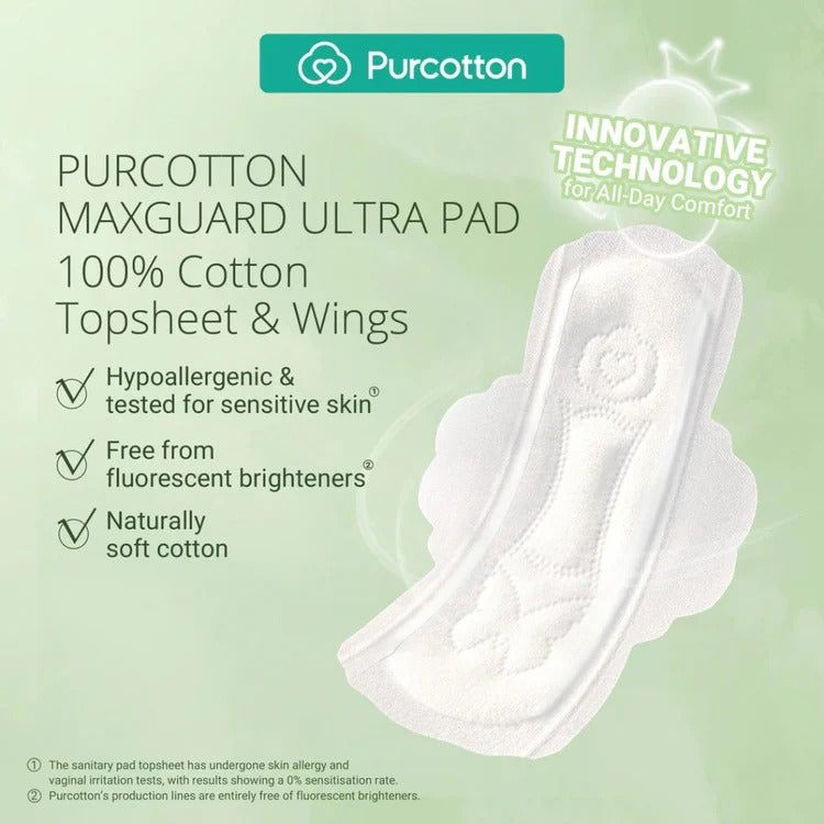 Purcotton MaxGuard Panty Liner 245mm with wings, 16 pads, 100% cotton topsheet.
