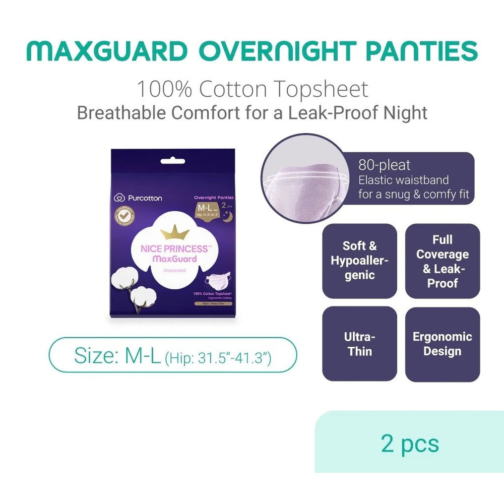 Purcotton MaxGuard Unscented Overnight Panties 2pcs; two-pack beside purple box, highlighting breathable 100% cotton topsheet and slim elastic waistband.