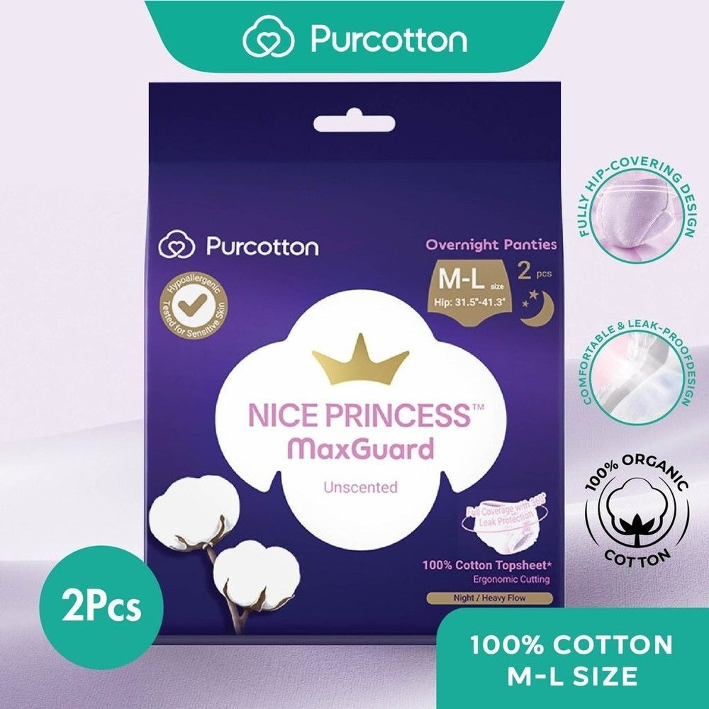 Purcotton Nice Princess MaxGuard Overnight Panties 2pcs, M-L, unscented, 100% cotton topsheet shown on purple packaging.