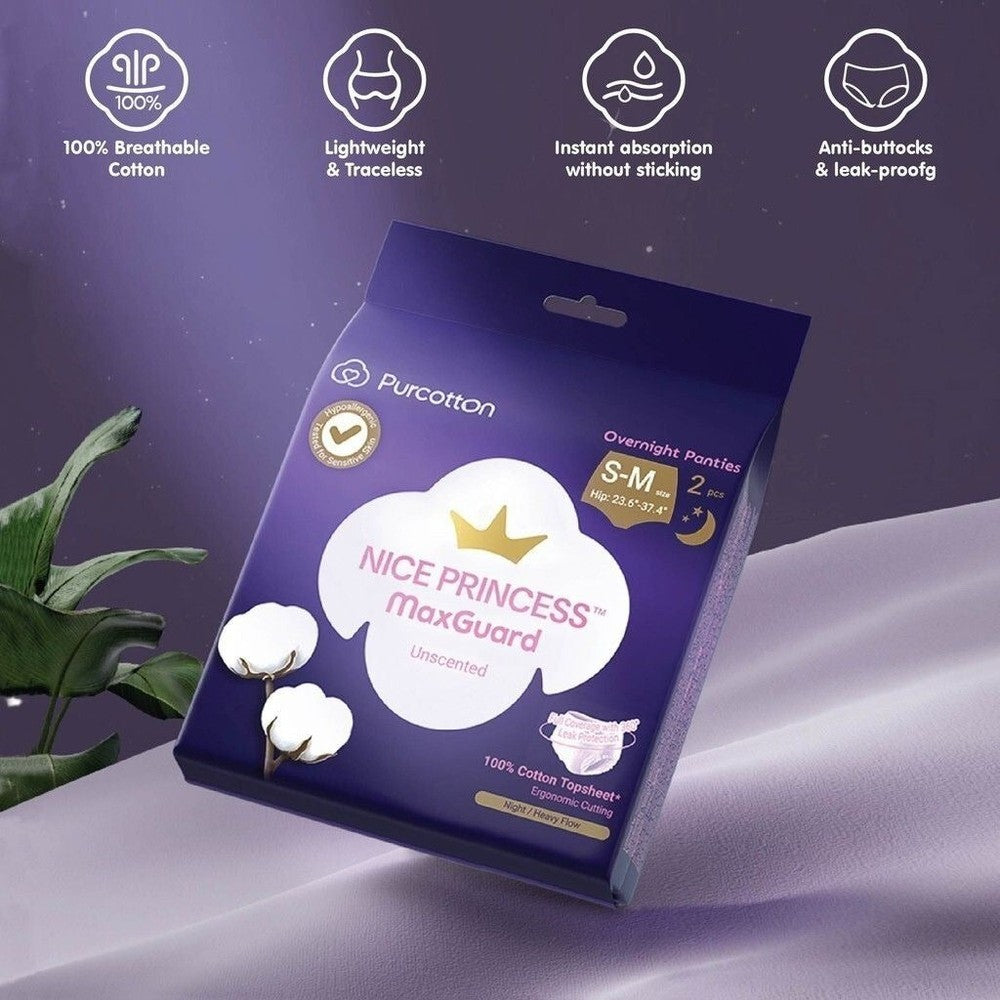 Purcotton MaxGuard Unscented Overnight Panties 2pcs in purple package, highlighting 100% cotton and overnight protection.