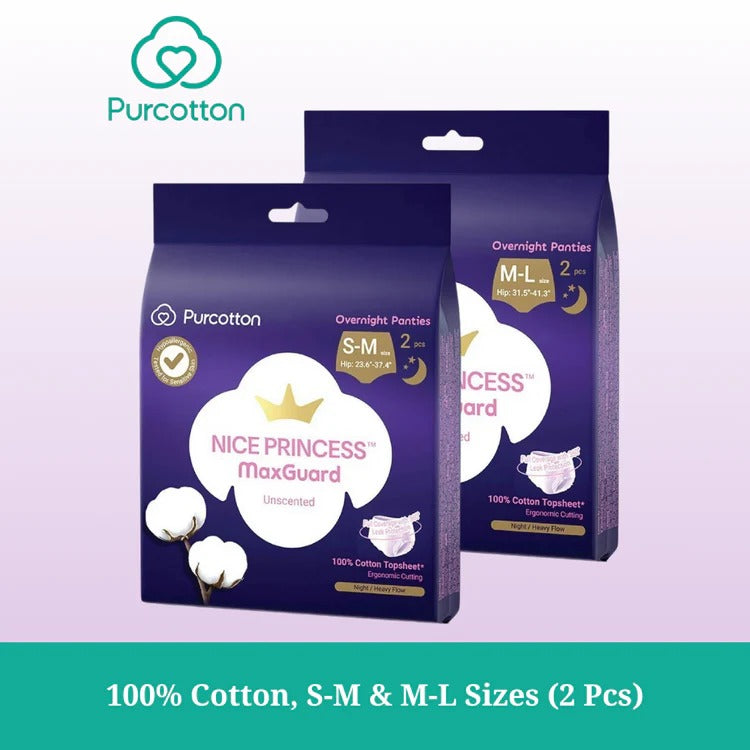 Purcotton Nice Princess MaxGuard Overnight Panties unscented, two purple packs shown with 100% cotton topsheet.