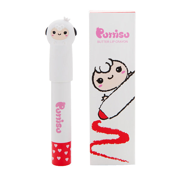 Puttisu Butter Lip Crayon #05 Coco Cherry, 2-item boxed set with white tube, pink logo, red heart cap