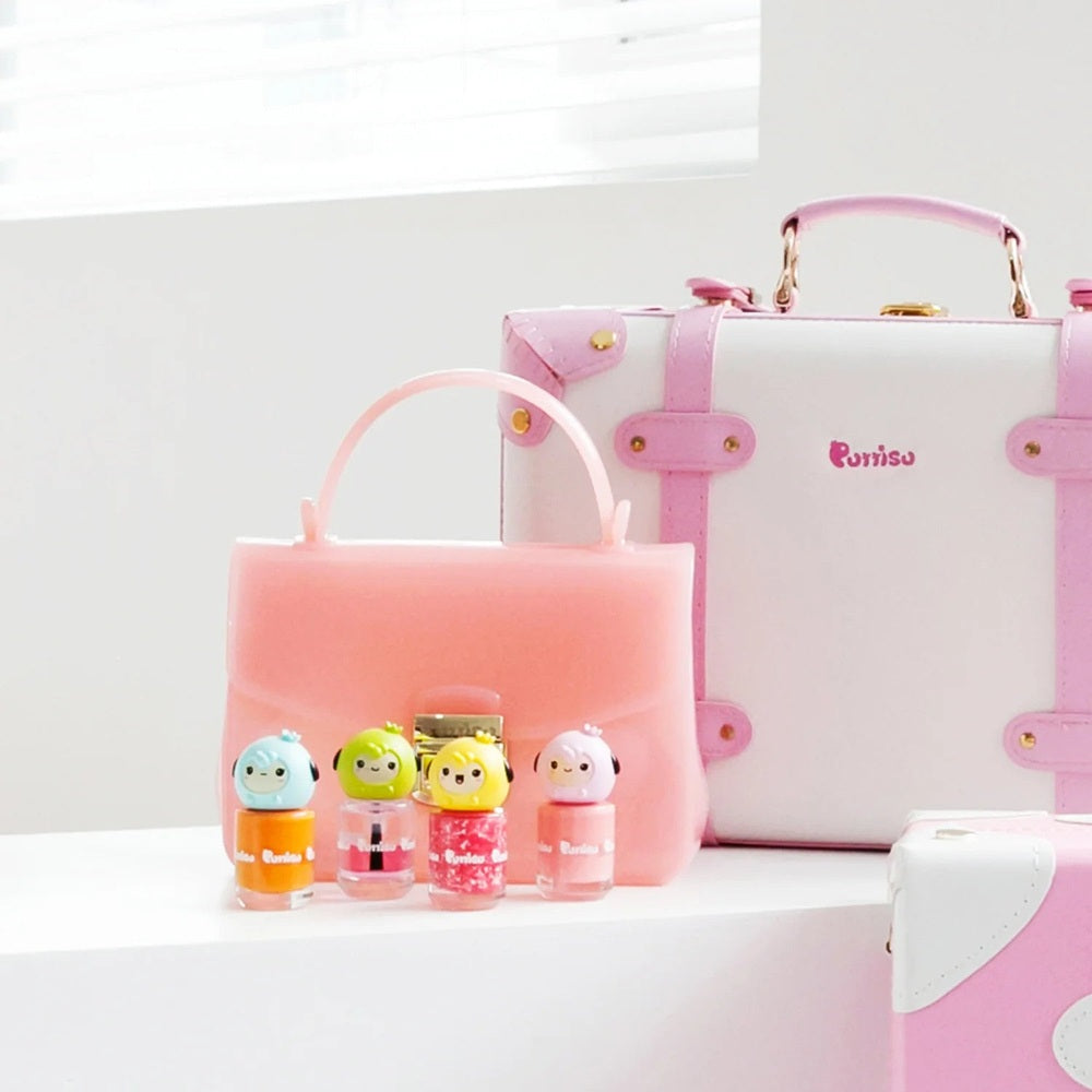 Puttisu Charming makeup bag set with four character-top nail polishes in pastel pink